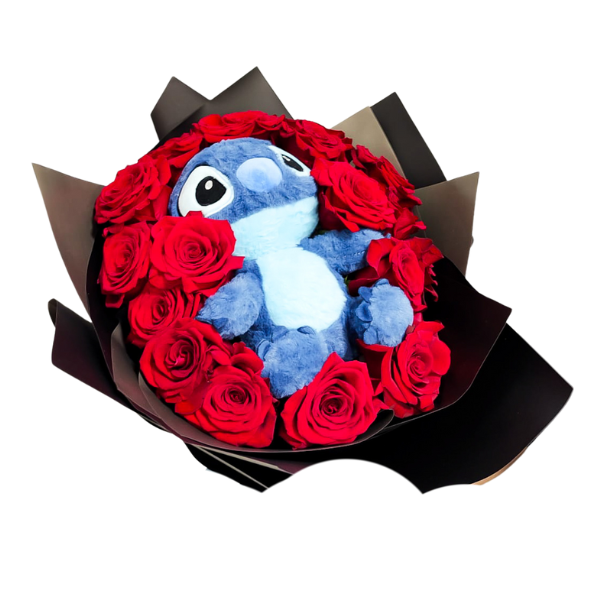 buque de rosas vermelhas com pelucia stitch