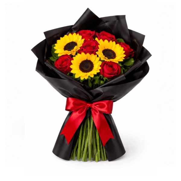 arranjo de girassois com rosas para presentear com elegancia