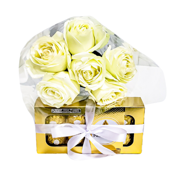 buque de rosas com bombons ferrero rocher