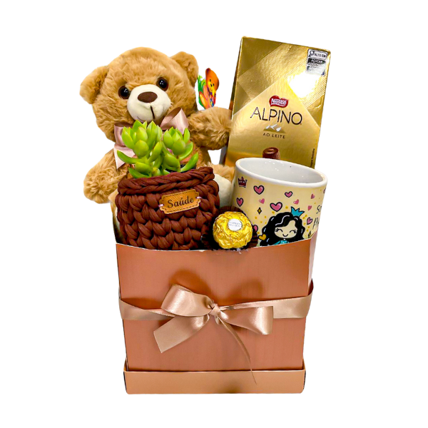 cesta de chocolate com pelucia