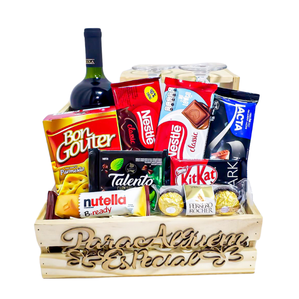 cesta com vinho, chocolates e petiscos para presentear
