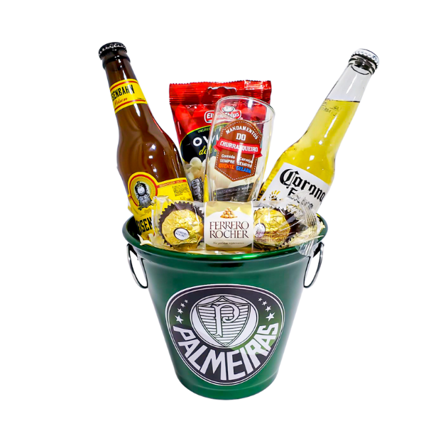 balde-palmeias-com-cerveja Balde do palmeiras com cerveja long neck e aperitivos para presentear