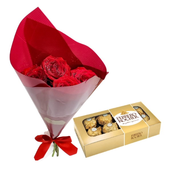 buques de rosas vermelhas com bombons ferrero rocher para presente