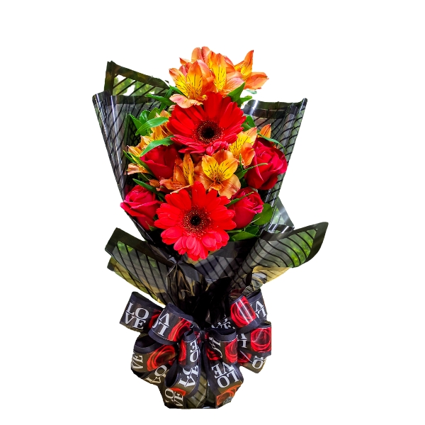 arranjo de flores com rosas, astromelias e gerberas