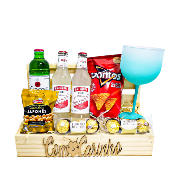 cesta com bebidas gin e srminoff e aperitivos para presentear