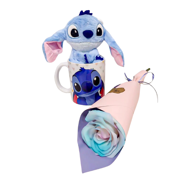 kit Pelúcia Stitch + Buquê com Rosa Frozen + Caneca Stitch
