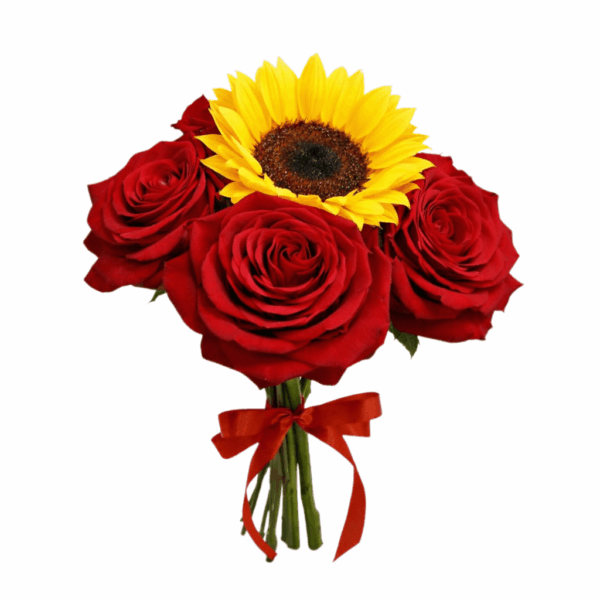 buque com 5 rosas vermelhas e um girassol para presentear com elegancia