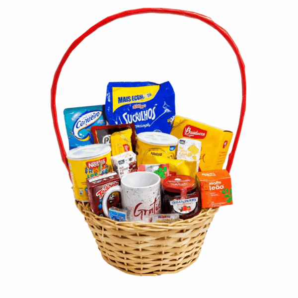 cesta de café da manhã para presentear com caneca e itens variados