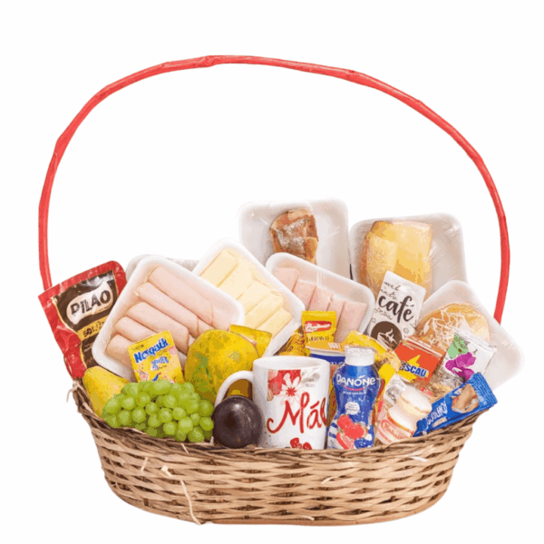 cesta de café da manhã para presentear com caneca mae, fruta e itens variados