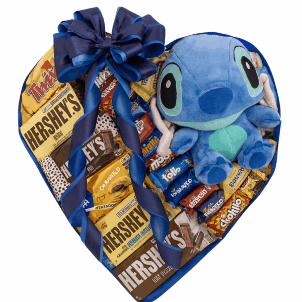 coração de chocolate gigante com pelucia do stitch