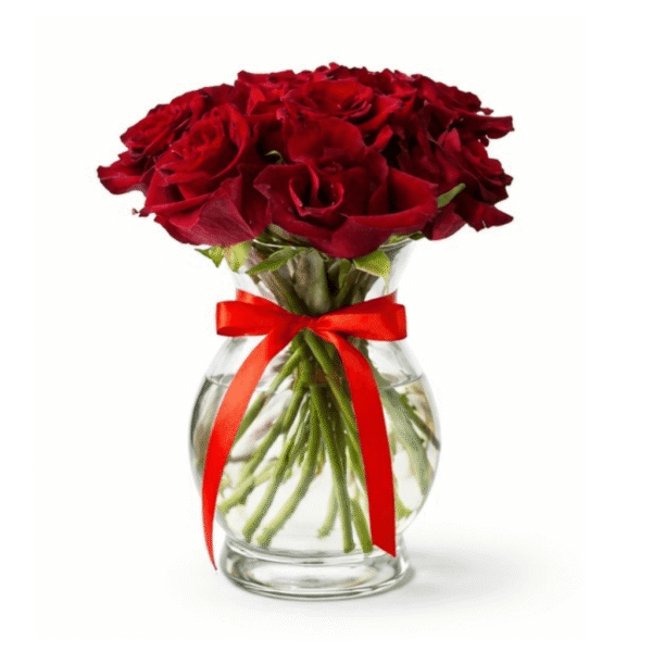 vaso de vidro com rosas vermelhas para presentear a namorada, esposa ou o seu amor.