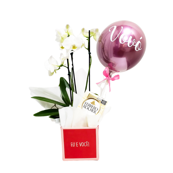 orquídea branca com balão personalizado escrito vovó