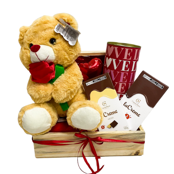 cesta de chocolate com pelúcia