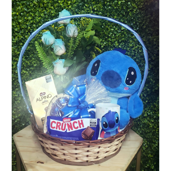 cesta de chocolate com pelúcia Stitch