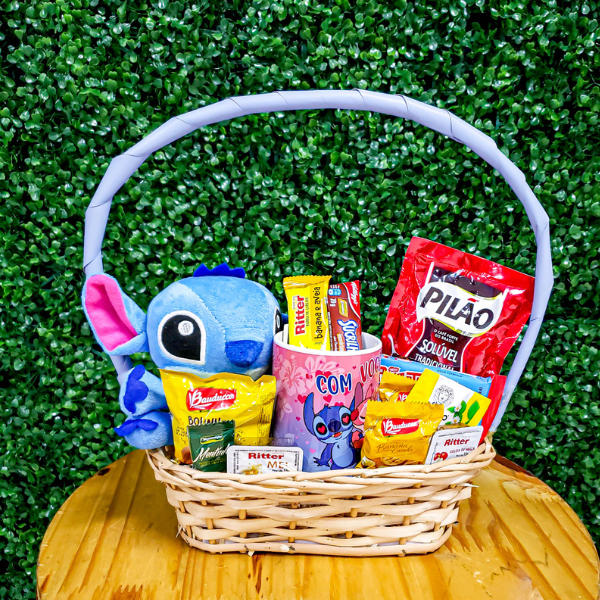 cesta de chocolate com pelucia stitch
