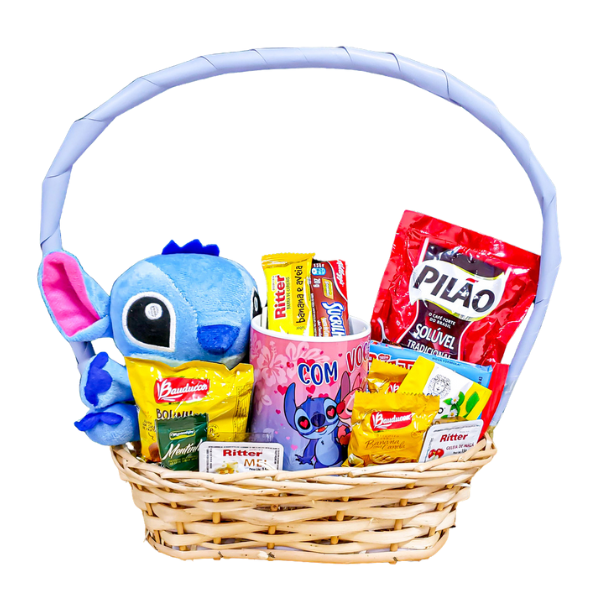 cesta de chocolate com pelucia stitch