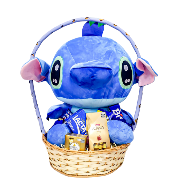 cesta de chocolate com pelúcia stitch
