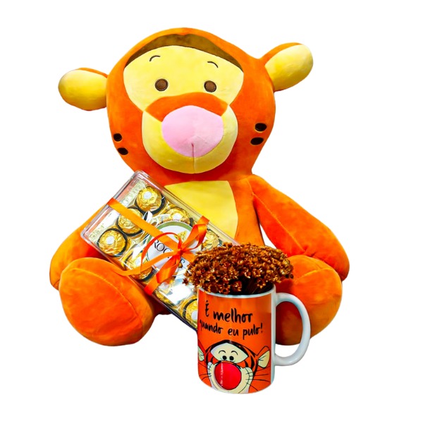pelucia tigrão com caneca e bombons ferrero