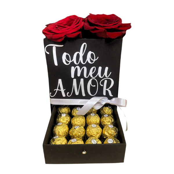caixa com gaveta recheada de bombons ferrero e rosas colombianas