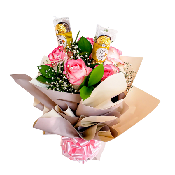 Arranjo de Rosas na Cor Rosa + Bombons Ferrero-Imagem 3