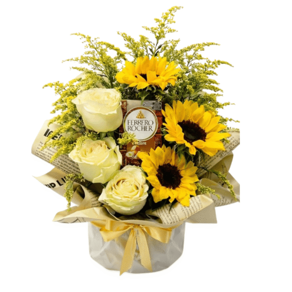 arranjos com girassois e rosas brancas e chocolate ferrero rocher para presentear em aniversários