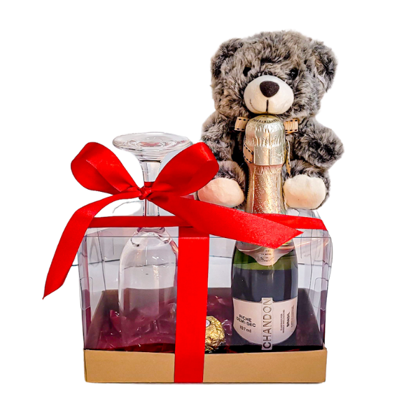 presente com espumante e pelúcia