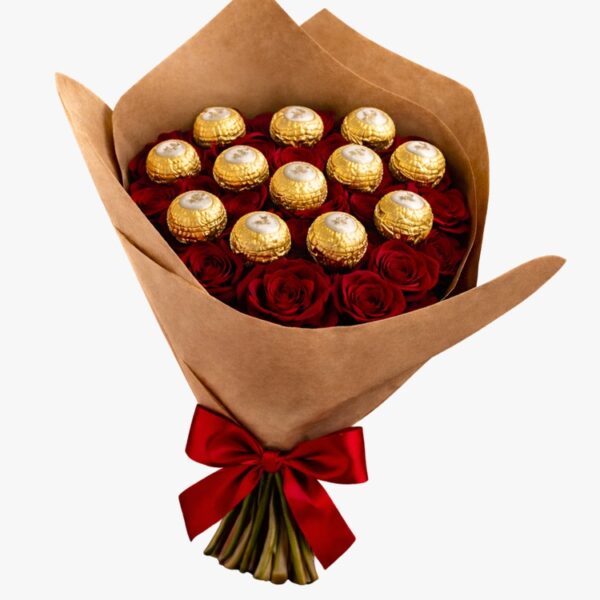 Buque de rosas com chocolate