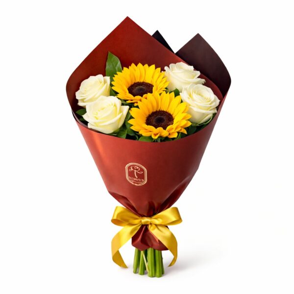 Buquê de 2 Girassóis e 4 Rosas Brancas