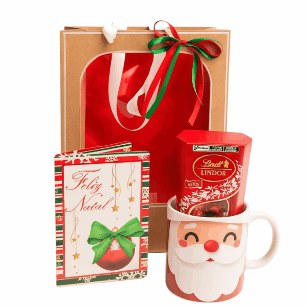 Presente de natal para presentear com caneca do papai noel, chocolate e cartão de natal