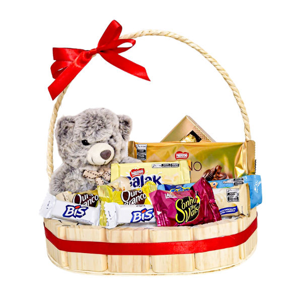 cesta de chocolate com pelucia