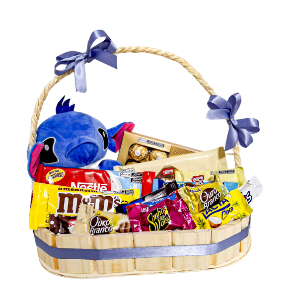 cesta de chocolate com pelucia stitch