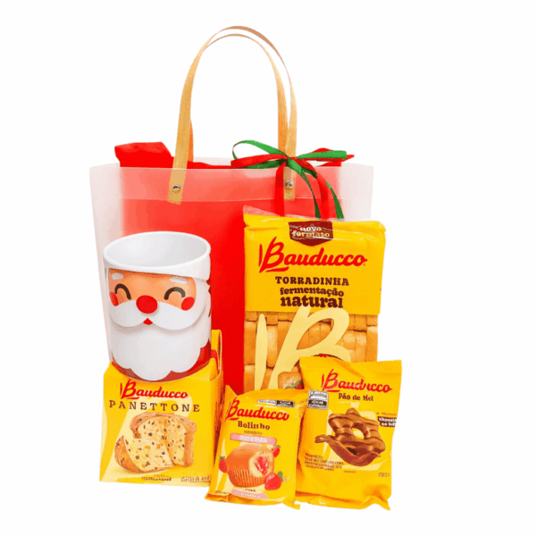 kit de natal para presentear com itens bauducco e caneca do papai noel
