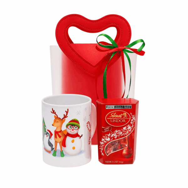 Presente de natal para presentear com caneca de natal, chocolate e sacola decorada