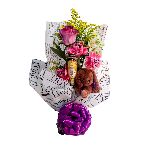 Arranjo de Rosas na cor Rosa + Ursinho + Ferrero