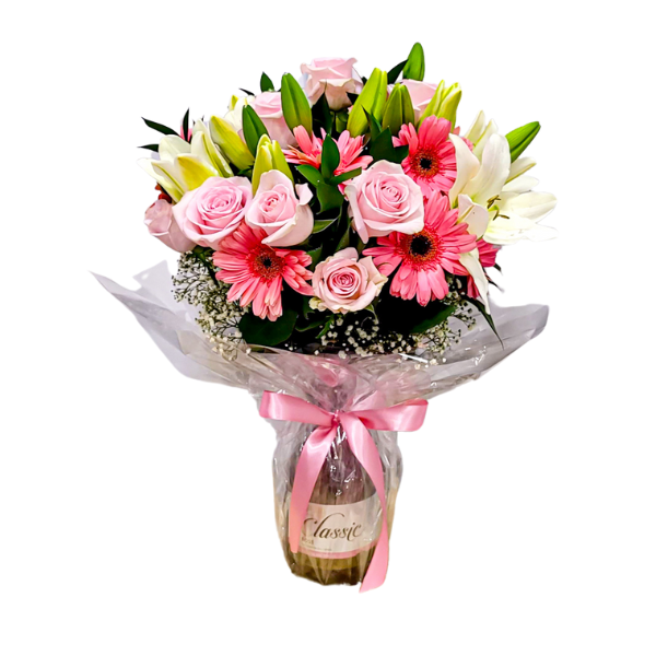 buque de flores com champanhe