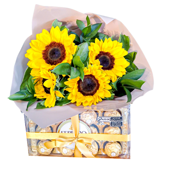 buque de girassol com ferrero