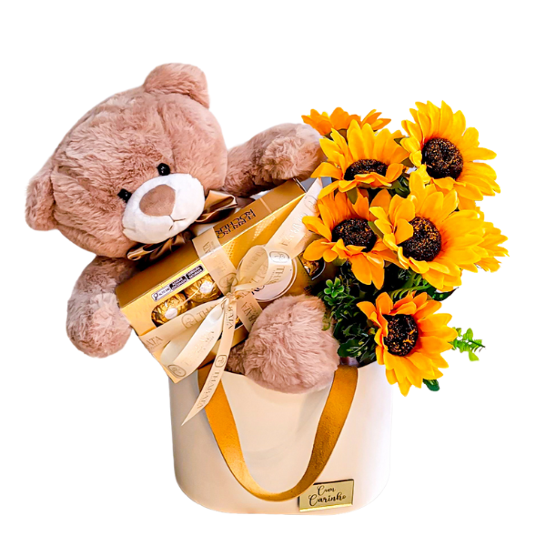 cesta em cachepot com bombons ferrero, pelucia e girassois para presentear pessoas especiais