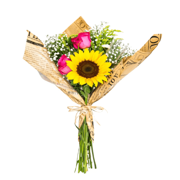 arranjo com girassol e rosas e folhagens para presentear pessoas especiais