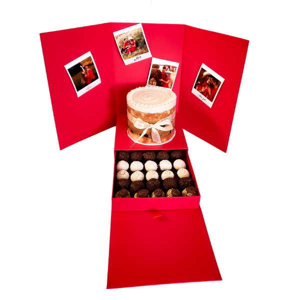 festa na caixa com bolo e brigadeiros para presentear em aniversários