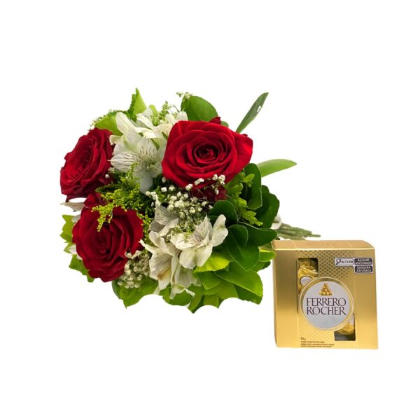 Buquê de 3 Rosas Importadas Completo + Chocolate Ferrero Rocher de 4 Unidades