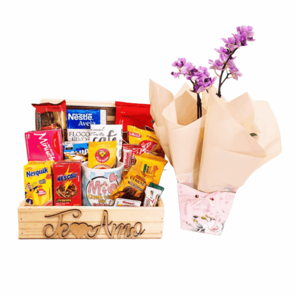 cesta café manhã com orquidea para presentear