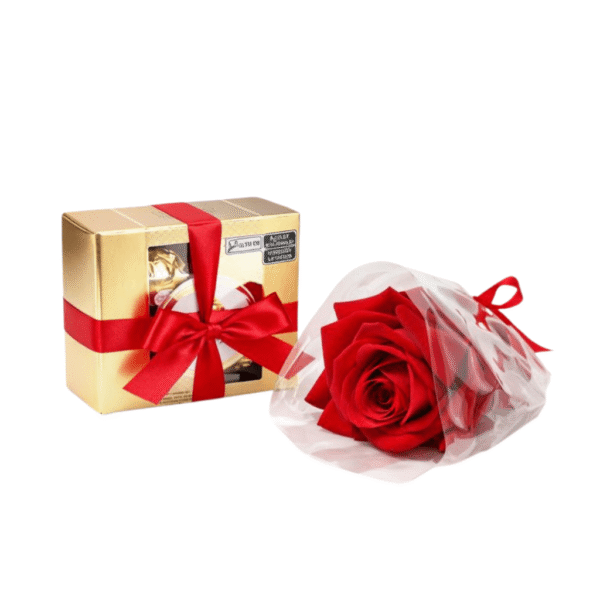 Rosa importada na cor vermelha com bombons ferrero rocher para presentear em datas especiais