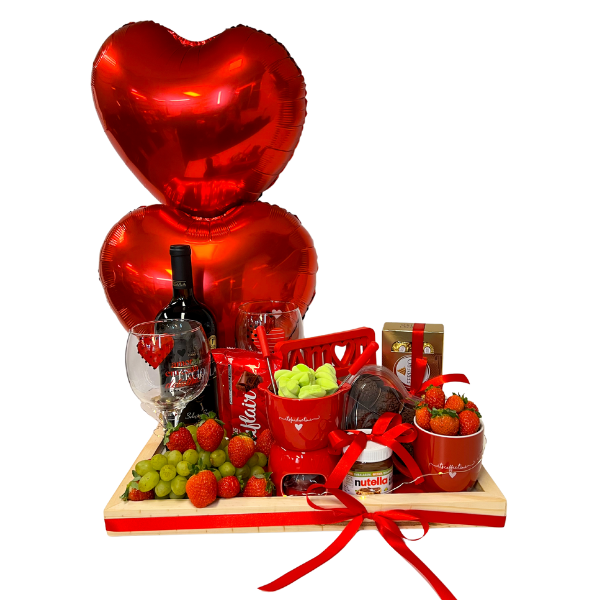 cesta de chocolate com frutas e founde para presentear em datas especiais