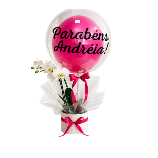 box com orquidea e balão personalizado para desejar parabéns