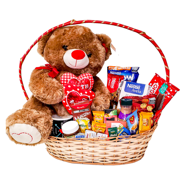 cesta de café da manhã com itens variados e urso de pelucia para presentear pessoas especiais