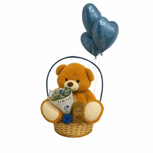 cesta de chocolate com buque de flores, urso gigante e chocolates para presentear