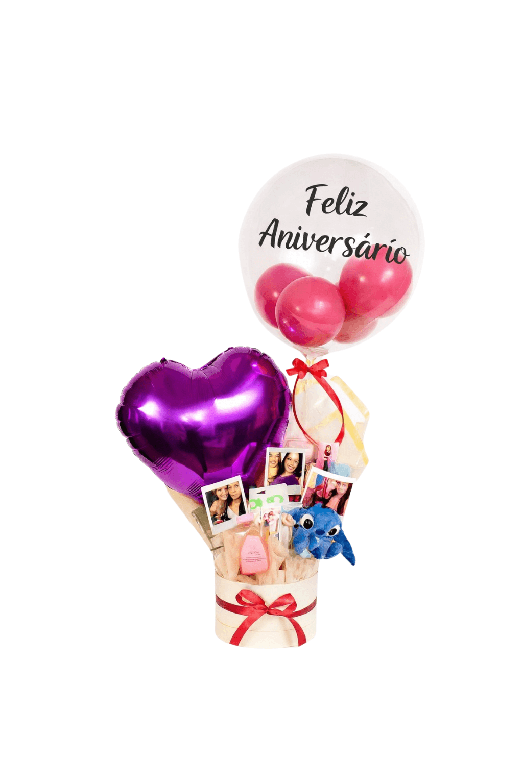 presente de aniversario com maquiagem, stich e fotos polaroid