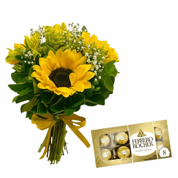 buque de girassol luxuoso com folhagens e egypsofila e bombons ferrero rocher