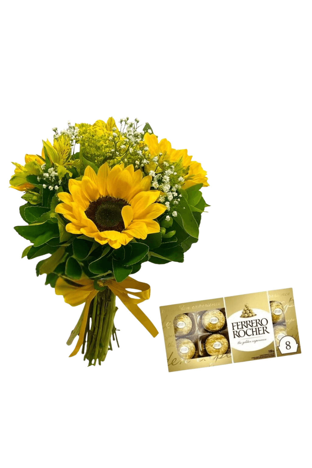 buque de girassol luxuoso com folhagens e egypsofila e bombons ferrero rocher