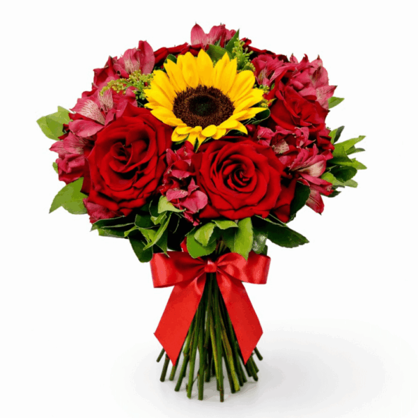 buque com 6 rosas vermelhas e um girassol para presentear com elegancia